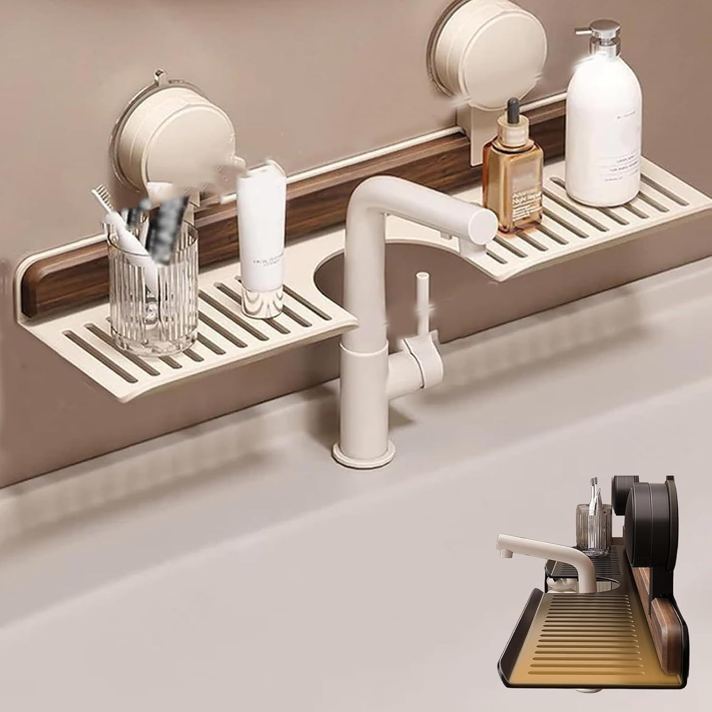 رف خشبي فاخر بقاعدة تثبيت بالشفط للمطبخ والحمام