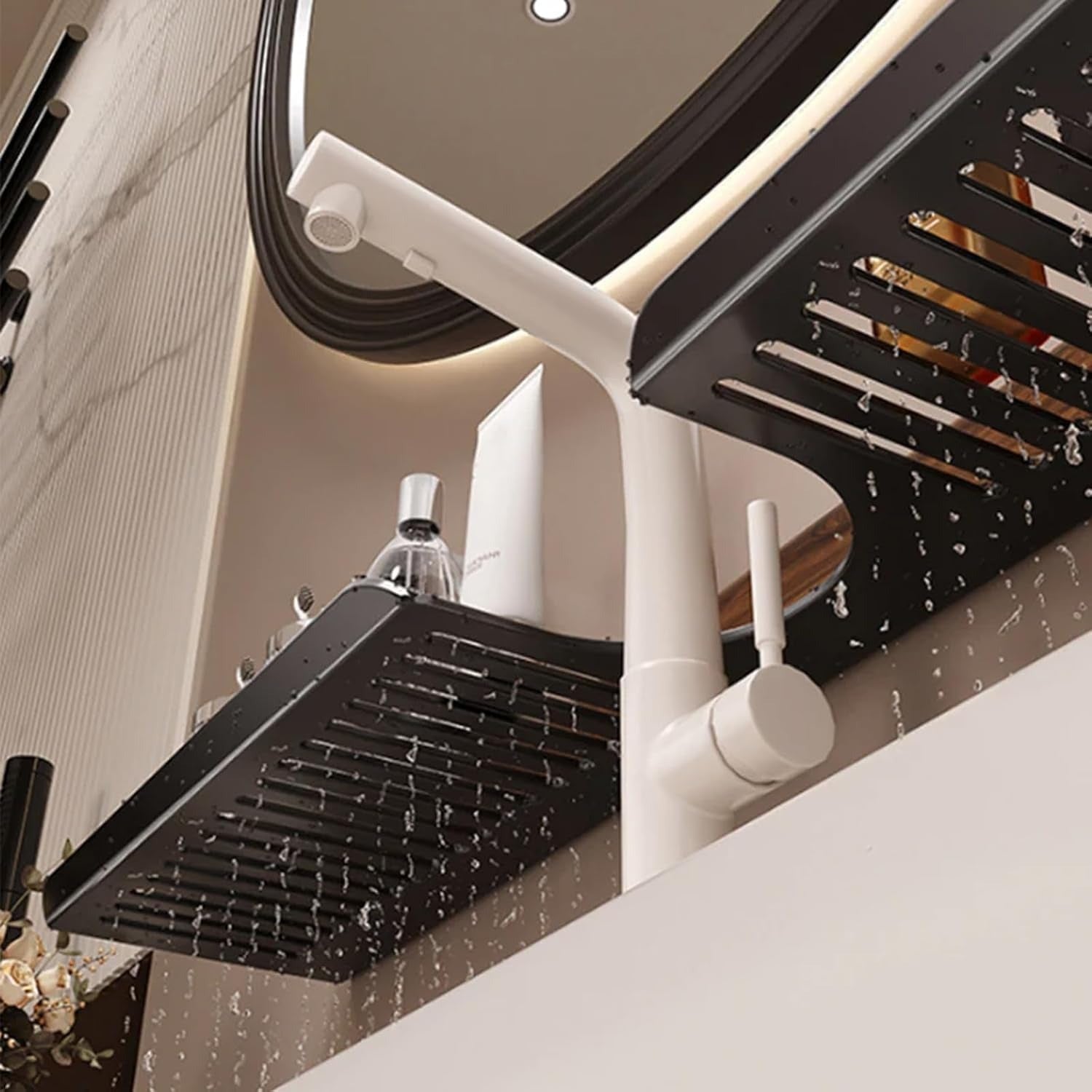 رف خشبي فاخر بقاعدة تثبيت بالشفط للمطبخ والحمام