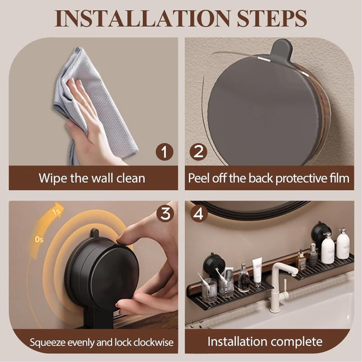 رف خشبي فاخر بقاعدة تثبيت بالشفط للمطبخ والحمام